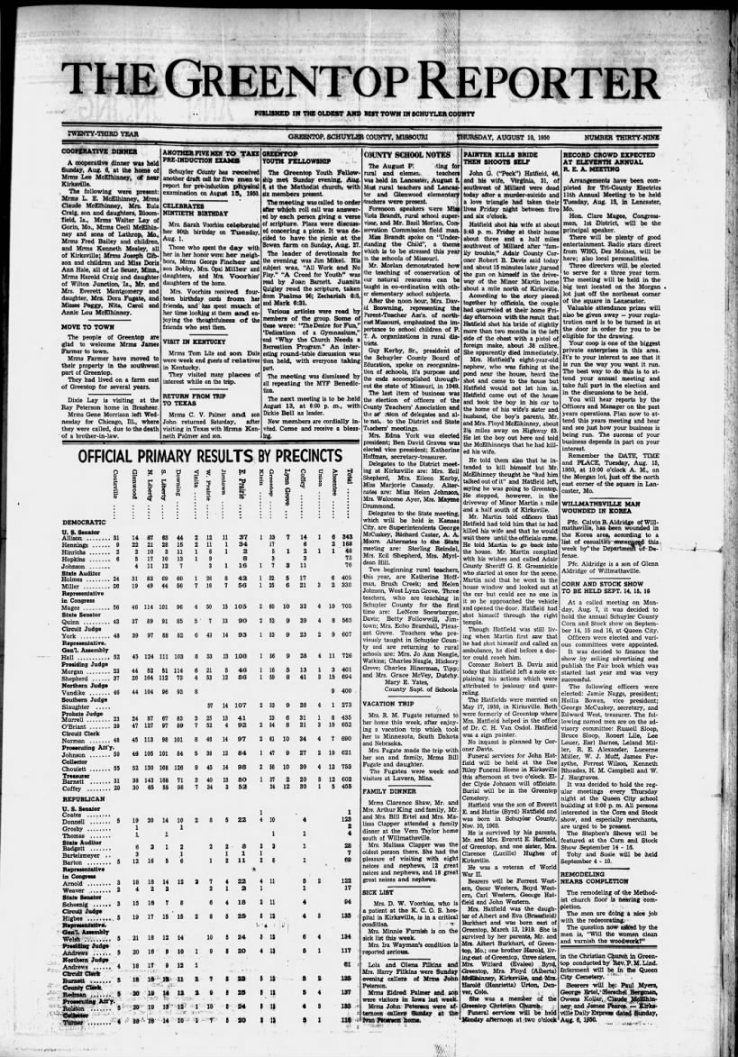 Greentop Reporter front page dated August 10, 1950